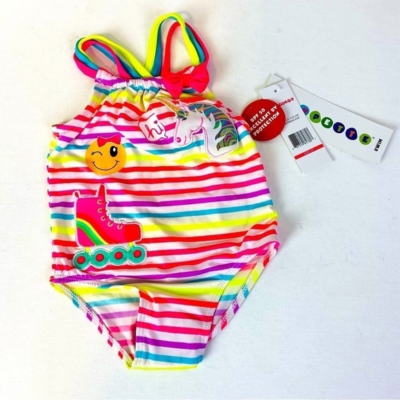 Wippette Neon Striped Emoji UPF 50 Protection One Piece Swimsuit Size 2T - Picture 1 of 8